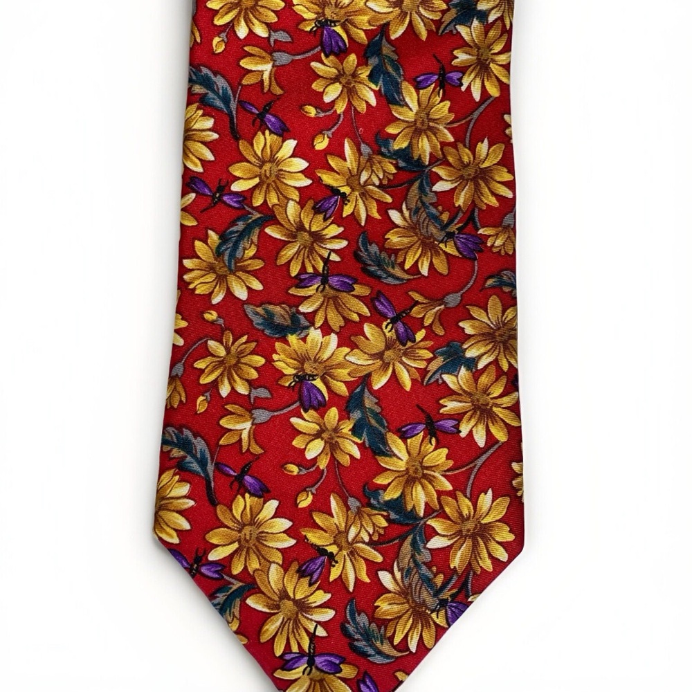 Christian Dior red golden yellow floral dragonfly print silk neck tie - Picture 2 of 5
